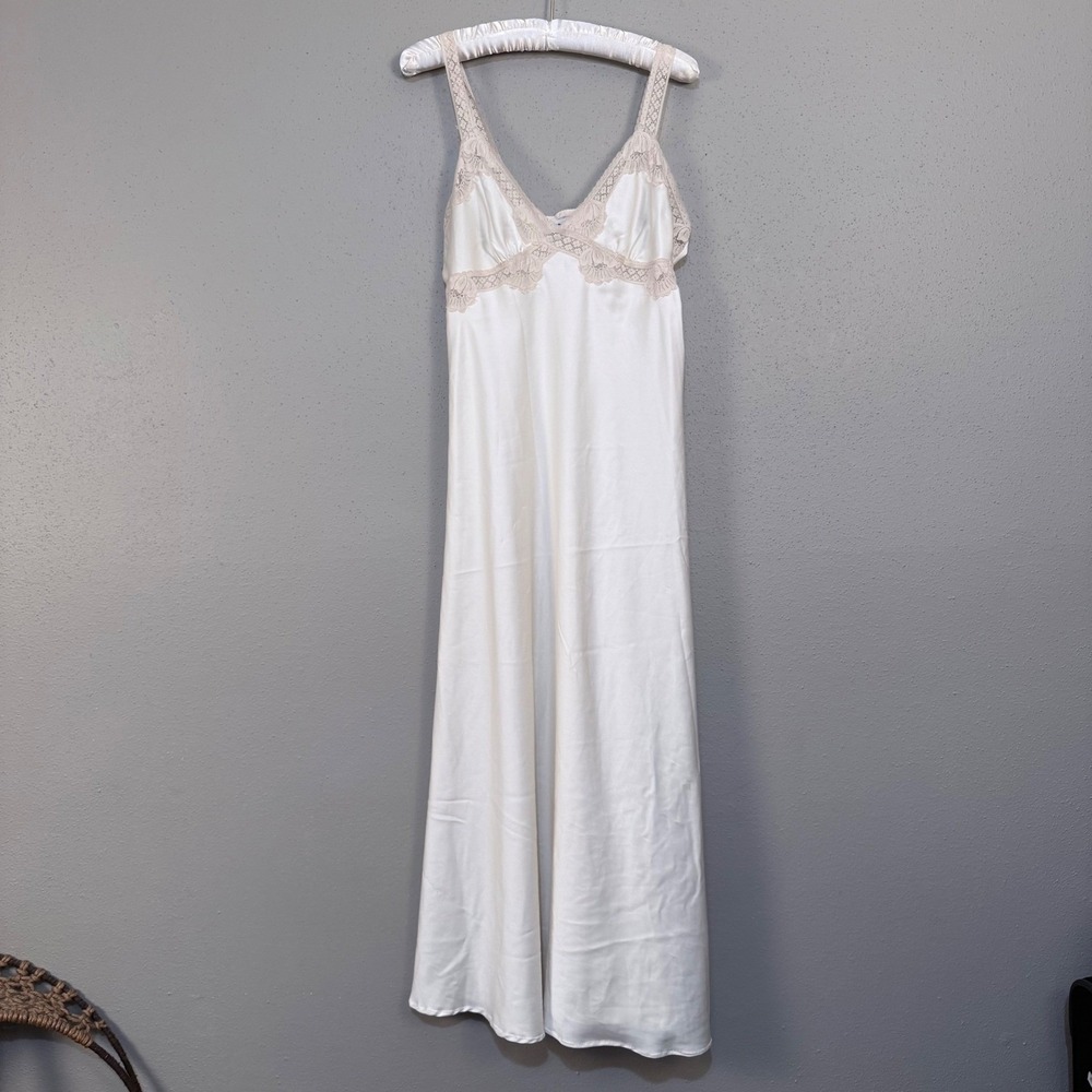 VTG Cinema Etoile Maxi Slip Dress  Lace Trim Ivory Cream Medium Flawed